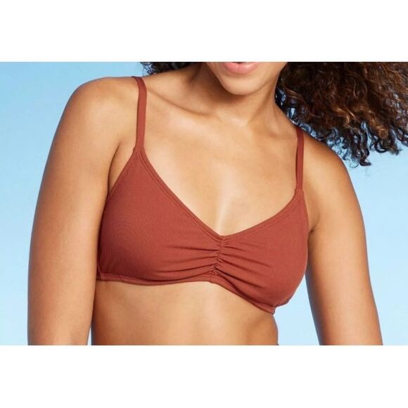 *NWT Shade & Shore Large (12-14) Brown Shirred Ribbed Bikini Swim Bralette Top - Picture 1 of 6